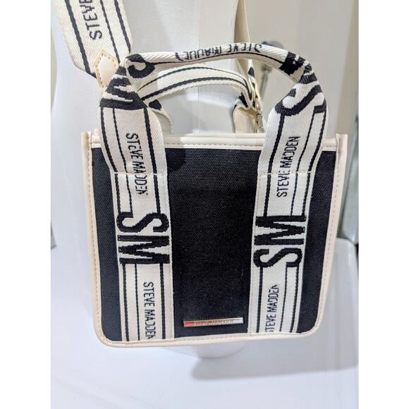 Steve Madden Bwebber Black Cream Canvas Logo Crossbody Tote - Picture 2 of 8